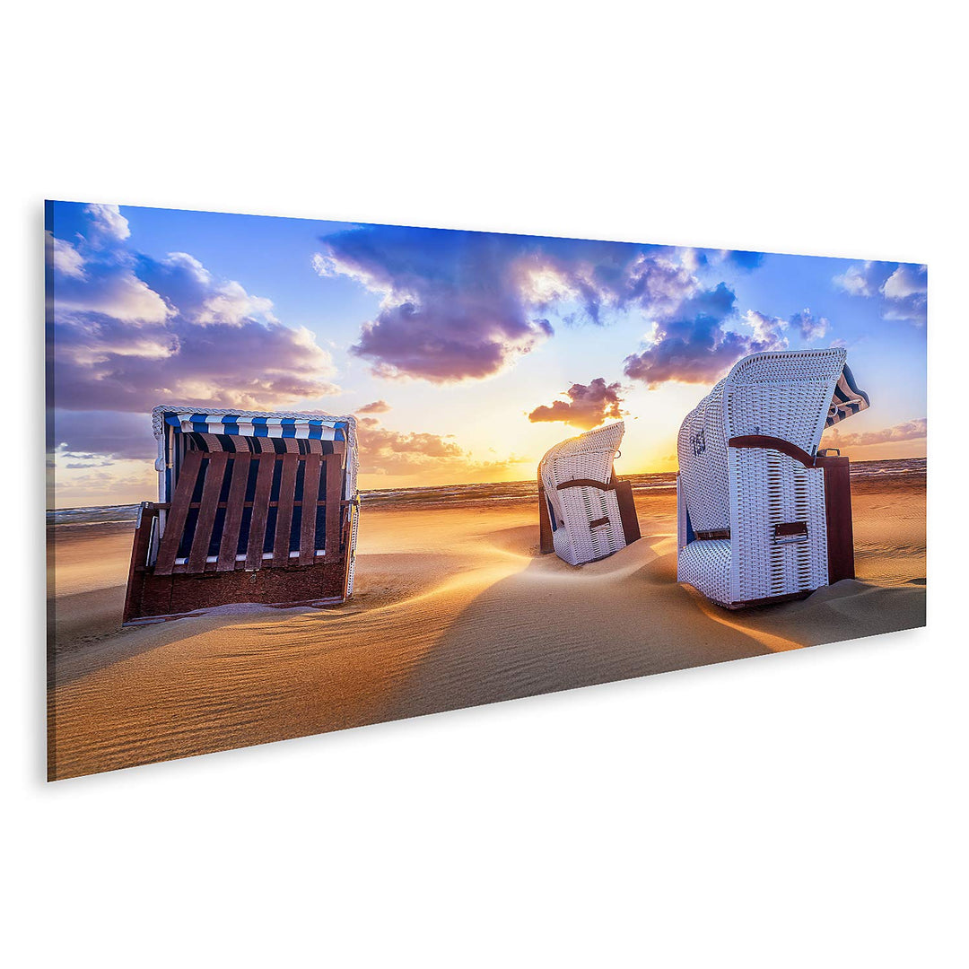 islandburner Bild auf Leinwand Strand Sonnenuntergang Ostsee Strandkörbe Bilder Wandbilder Poster Le