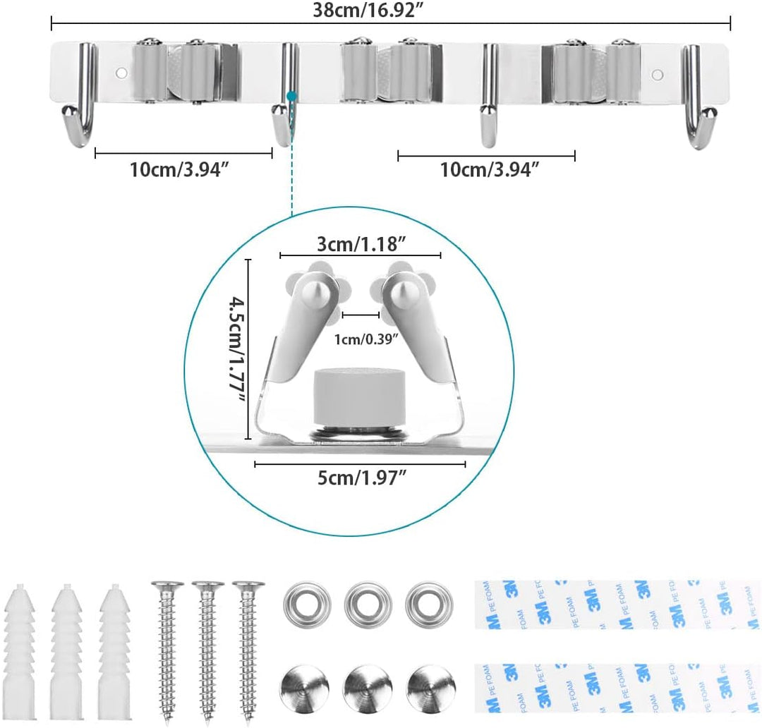 SHYOSUCCE Edelstahl Besenhalter, Besenhalterung Wand mit 3 Schlitze und 4 Haken, Gerätehalter Wandha