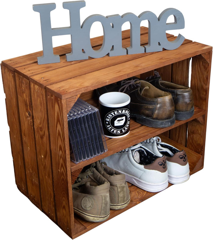Kistenkolli Altes Land Holzkiste Ocker Schuhablage Schuhständer DIY Upcycling Regalbau Schuhaufbewah