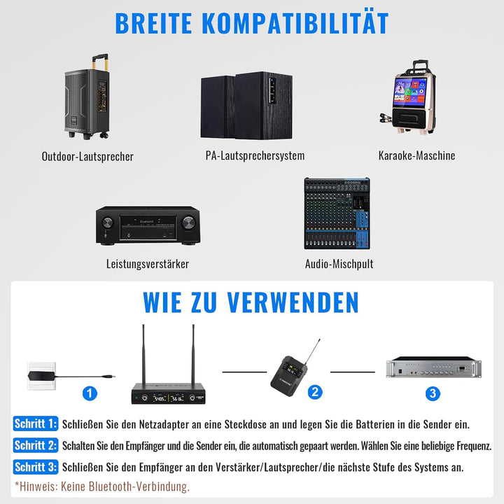 Phenyx Pro UHF Kabelloses Mikrofonsystem mit 2 x 30 abstimmbaren PTU-52-2B | schnurloses Metall-Mikr