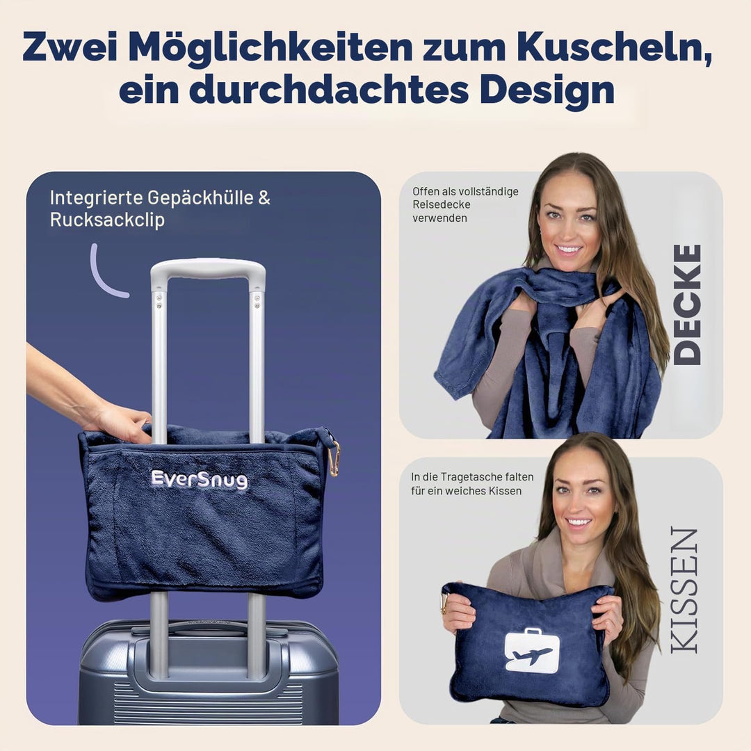 EverSnug Reisedecke und -Kissen - hochwertige, weiche 2-in-1-Flugzeugdecke mit weichem Kopfkissenbez