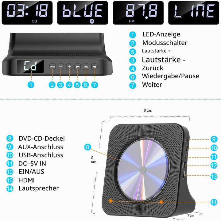 Gueray DVD Player für TV All Region Free Desktop DVD/CD Player für Zuhause mit Bluetooth Lautspreche