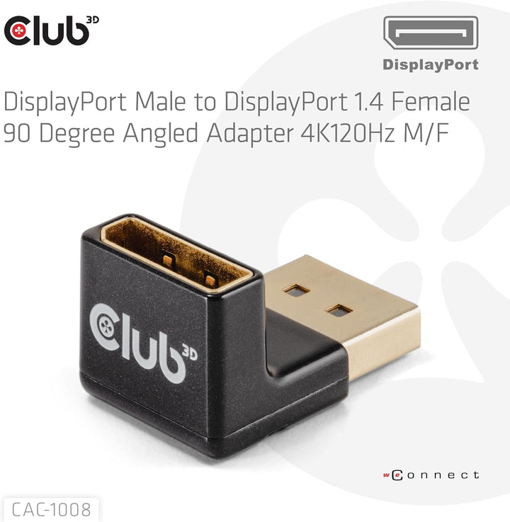 Club3D CAC-1008 DisplayPort Stecker auf DisplayPort 1.4 Buchse 90 Grad abgewinkelter Adapter 4K120Hz