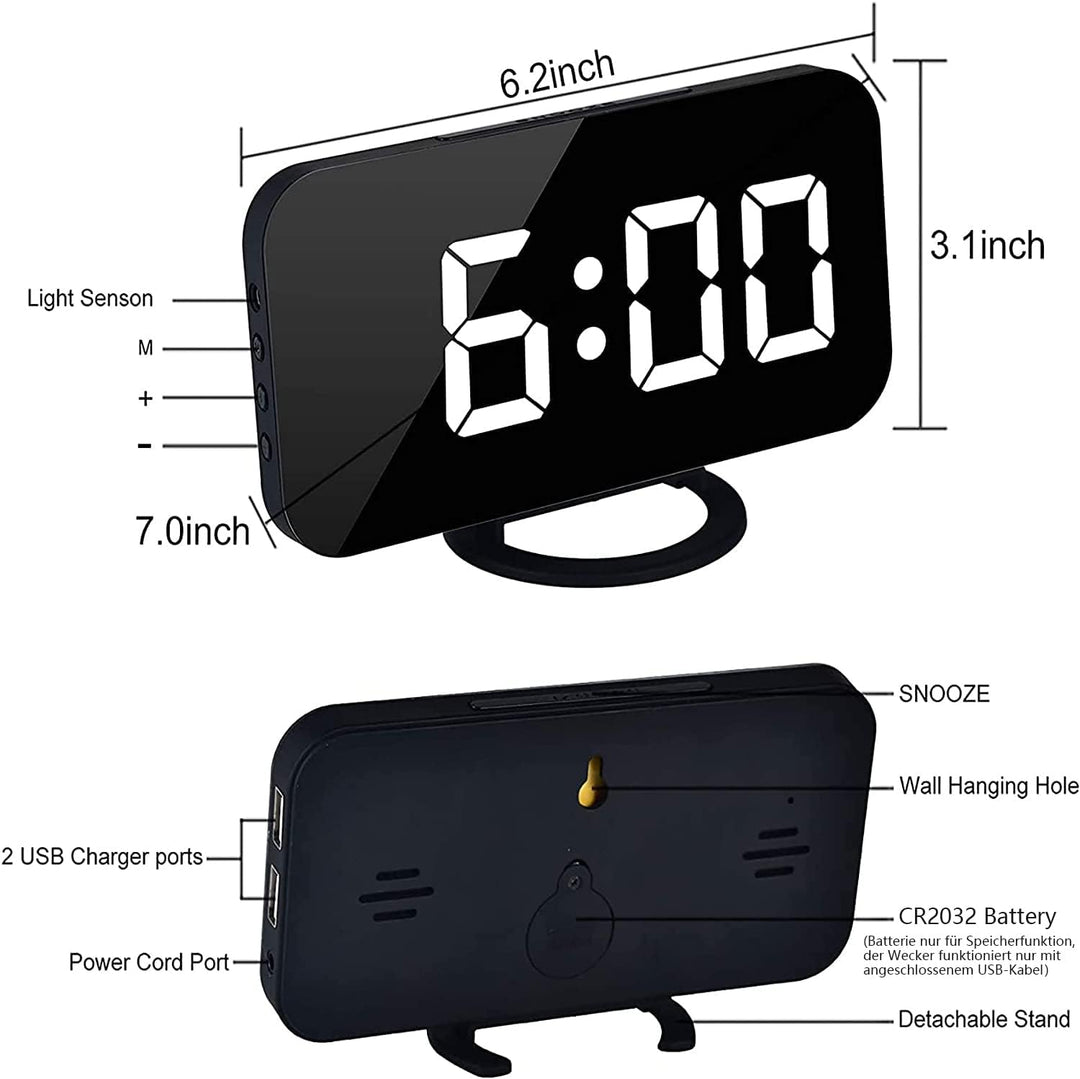 SZELAM Digitaler Wecker, Wecker am Bett, 7-Zoll-LED-Spiegelwecker, mit 2 USB-Ladeanschlüssen, Schlum