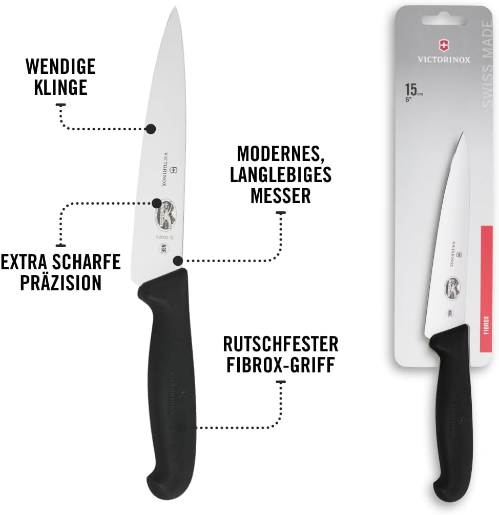 Victorinox Fibrox Kochmesser, Breites Universalmesser für Obst und Gemüse, 15 cm, Gerade Klinge, Sch