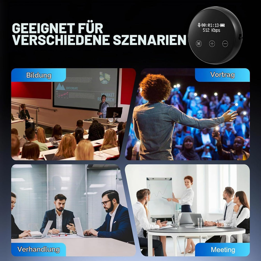 Digitales Diktiergerät, 64 GB, 3072 Kbps, Sprachaktivierung, Geräuschreduzierung, USB-Aufladbar, Mag