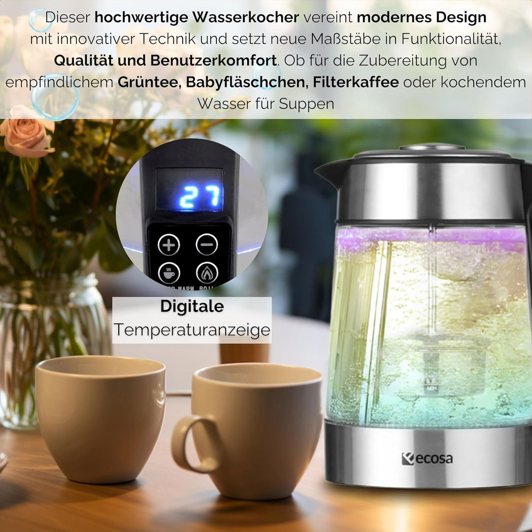 Ecosa® 2in1 Wasserkocher & Teekocher Glas Edelstahl mit Temperatureinstellung & separatem Teesieb Ei
