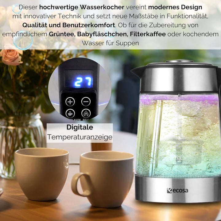 Ecosa® 2in1 Wasserkocher & Teekocher Glas Edelstahl mit Temperatureinstellung & separatem Teesieb Ei