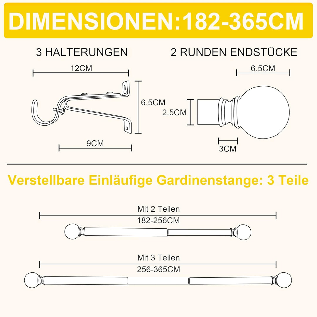 NICETOWN Gardinenstange Ausziehbar 182-365 CM Vorhang Stangen mit Runden Endstücken Curtain Rod für