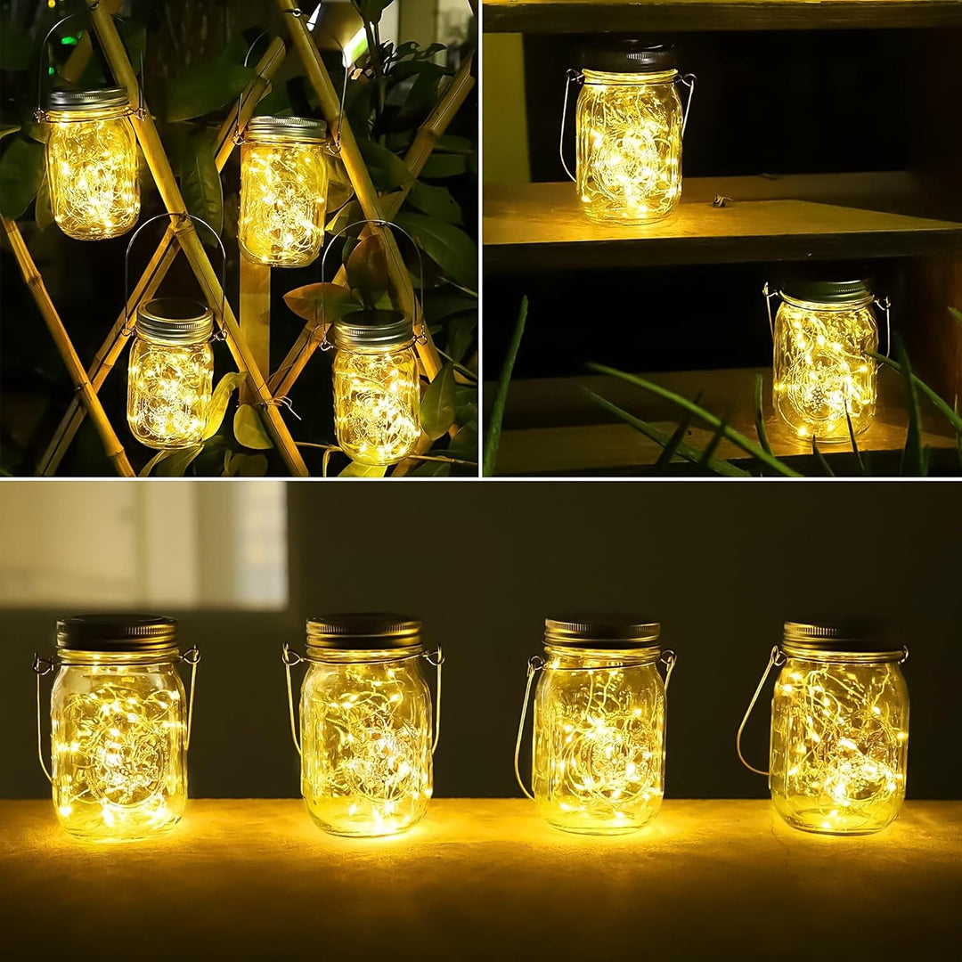 Solarlampe für aussen Garten - 4 Pack 30 LEDs Lichterkette im Einmachglas mit Griff IP65 Wasserdicht