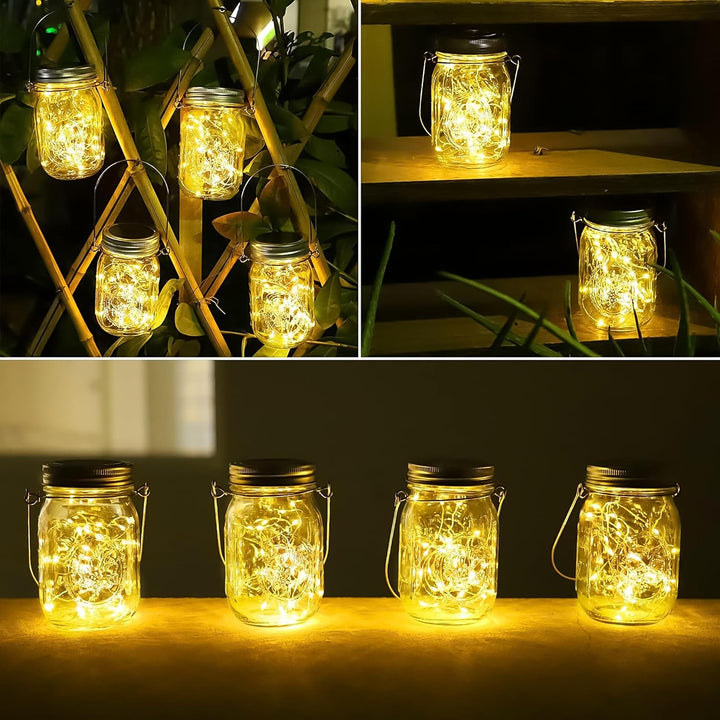 Solarlampe für aussen Garten - 4 Pack 30 LEDs Lichterkette im Einmachglas mit Griff IP65 Wasserdicht