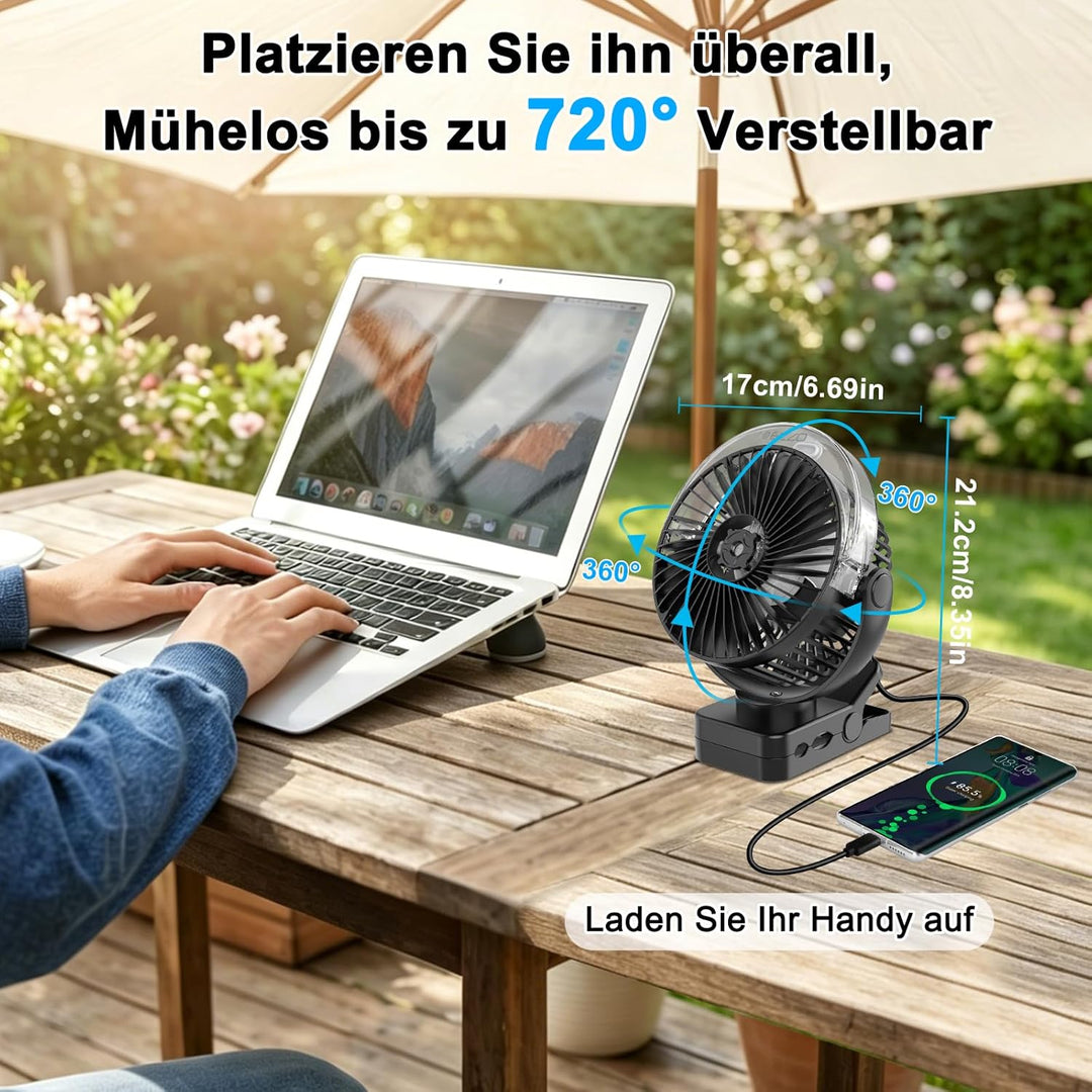 ELZO 12000mAh Campingventilator, USB-Tischventilator mit LED-Licht & Sprühfunktion, Aufhängehaken un