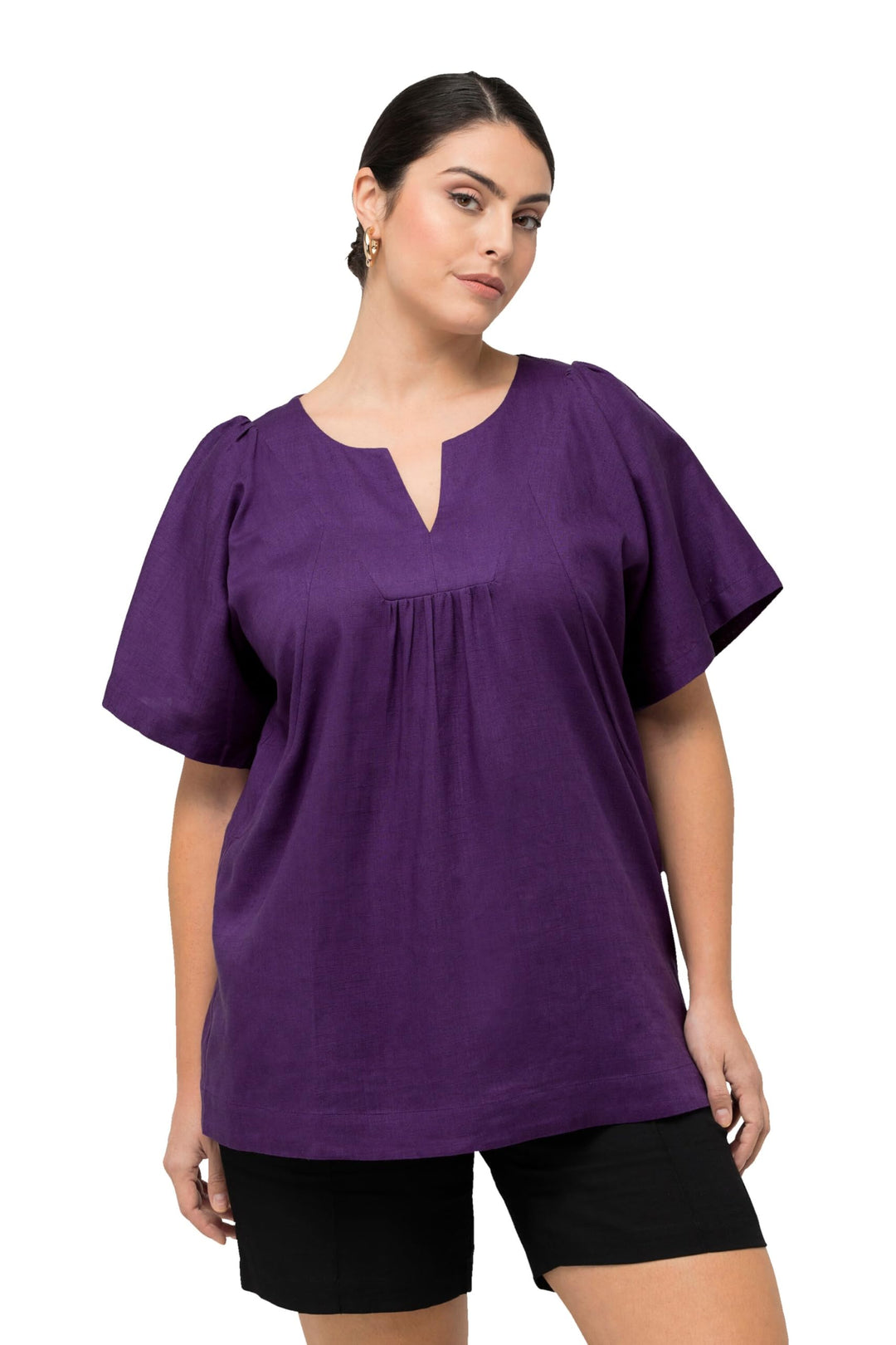 Ulla Popken Damen, Leinenmix, A-Linie, Tunika-Ausschnitt, Halbarm Bluse 46-48 Lila, 46-48 Lila