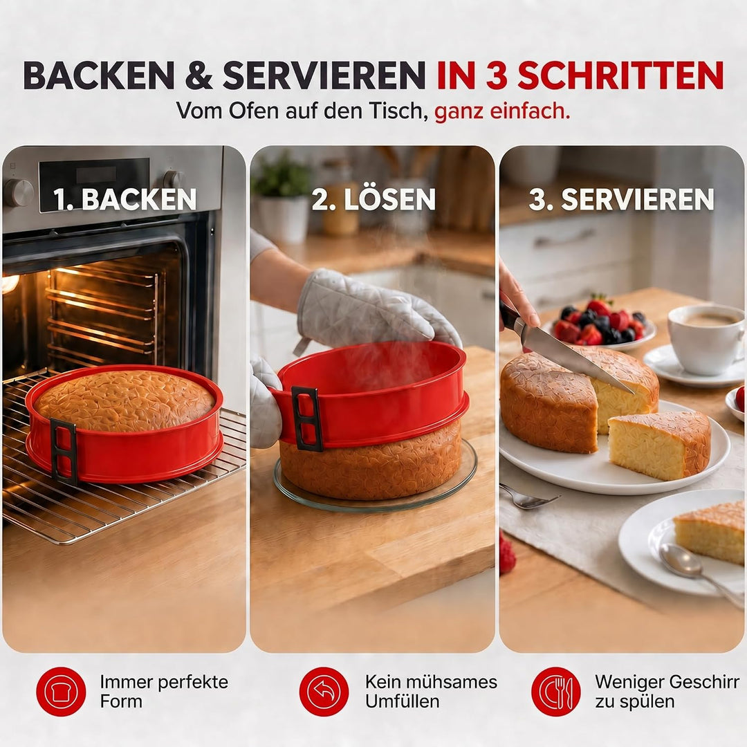 GOODS+GADGETS Silikon Springform Antihaftbeschichtete Kuchen Backform (Silikonform mit Glasboden), R