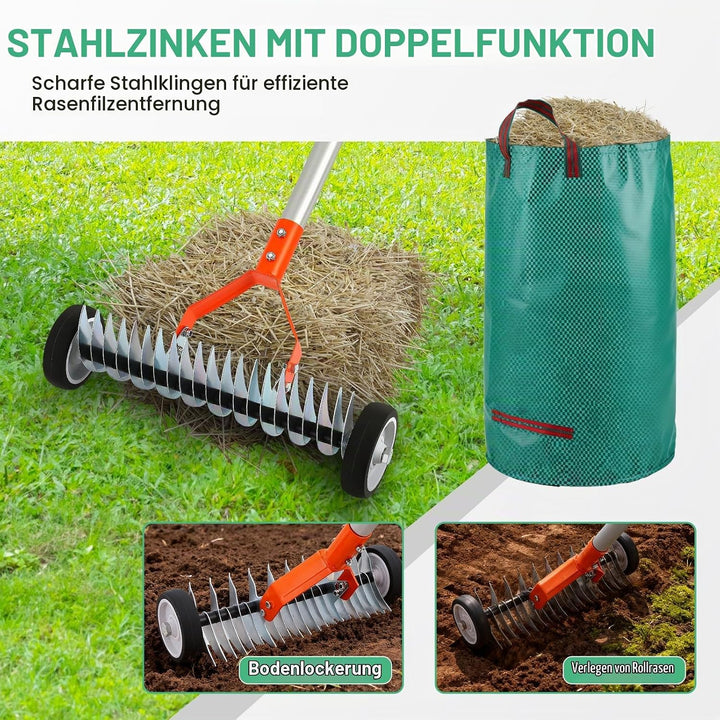 Handvertikutierer mit Rollen, Vertikutierer Rechen mit Stiel 166cm, Rasenlüfter mit Rädern, Metall S