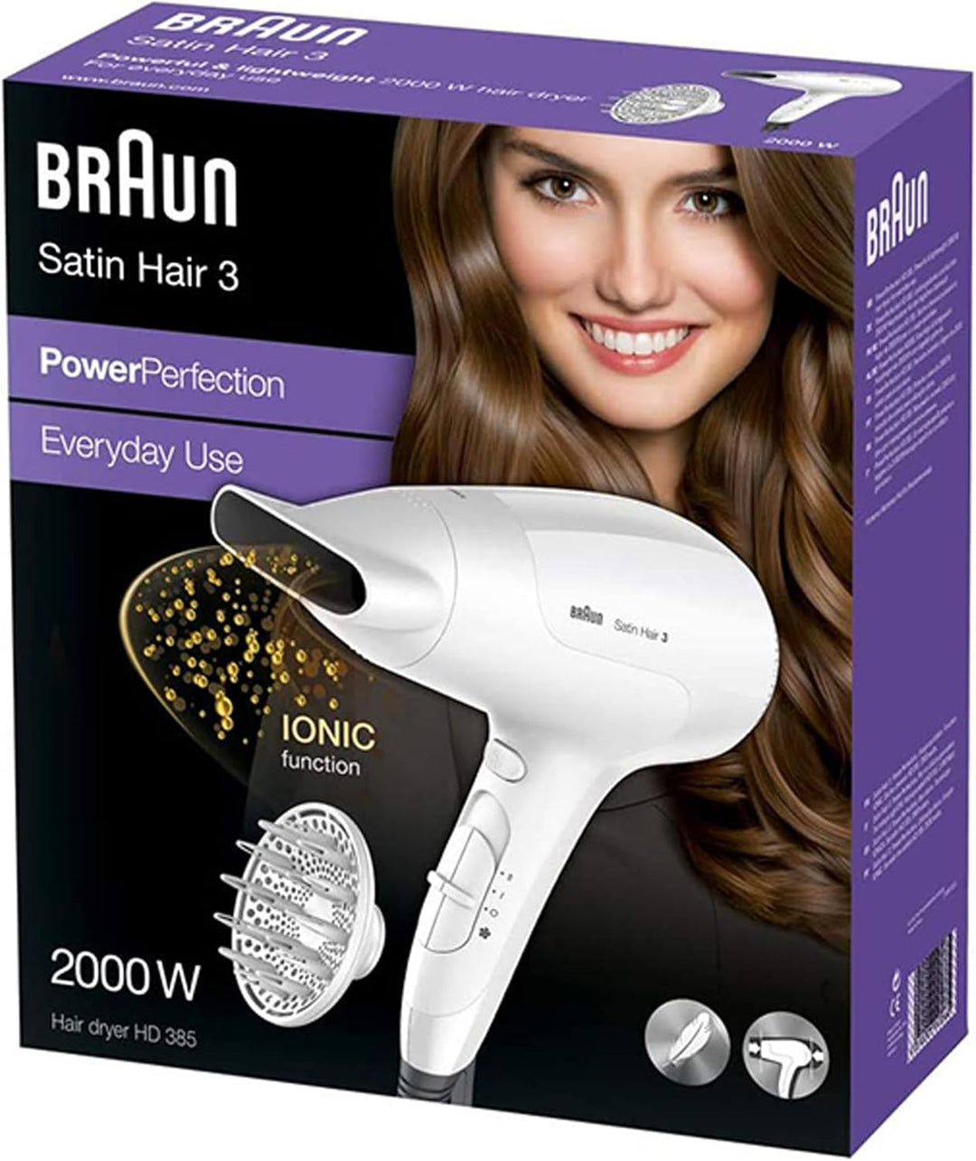 Braun Satin Hair 3 Power Perfection Haartrockner, professioneller Föhn mit IonTec und Diffusor, HD38