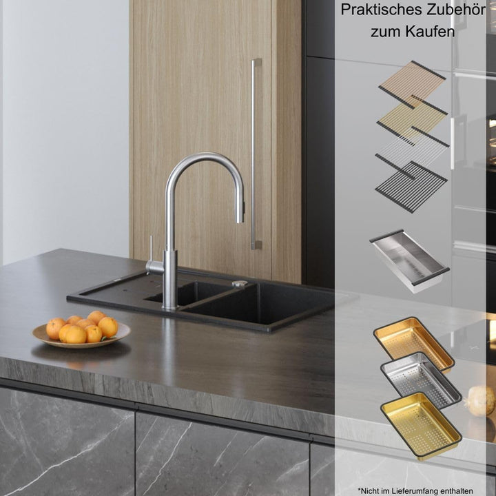 QUADRON Spülbecken Weiss Granit Granitspüle | Grösse 78 x 50 x 22 cm, Farbe: Weiss & Golden | MORGAN