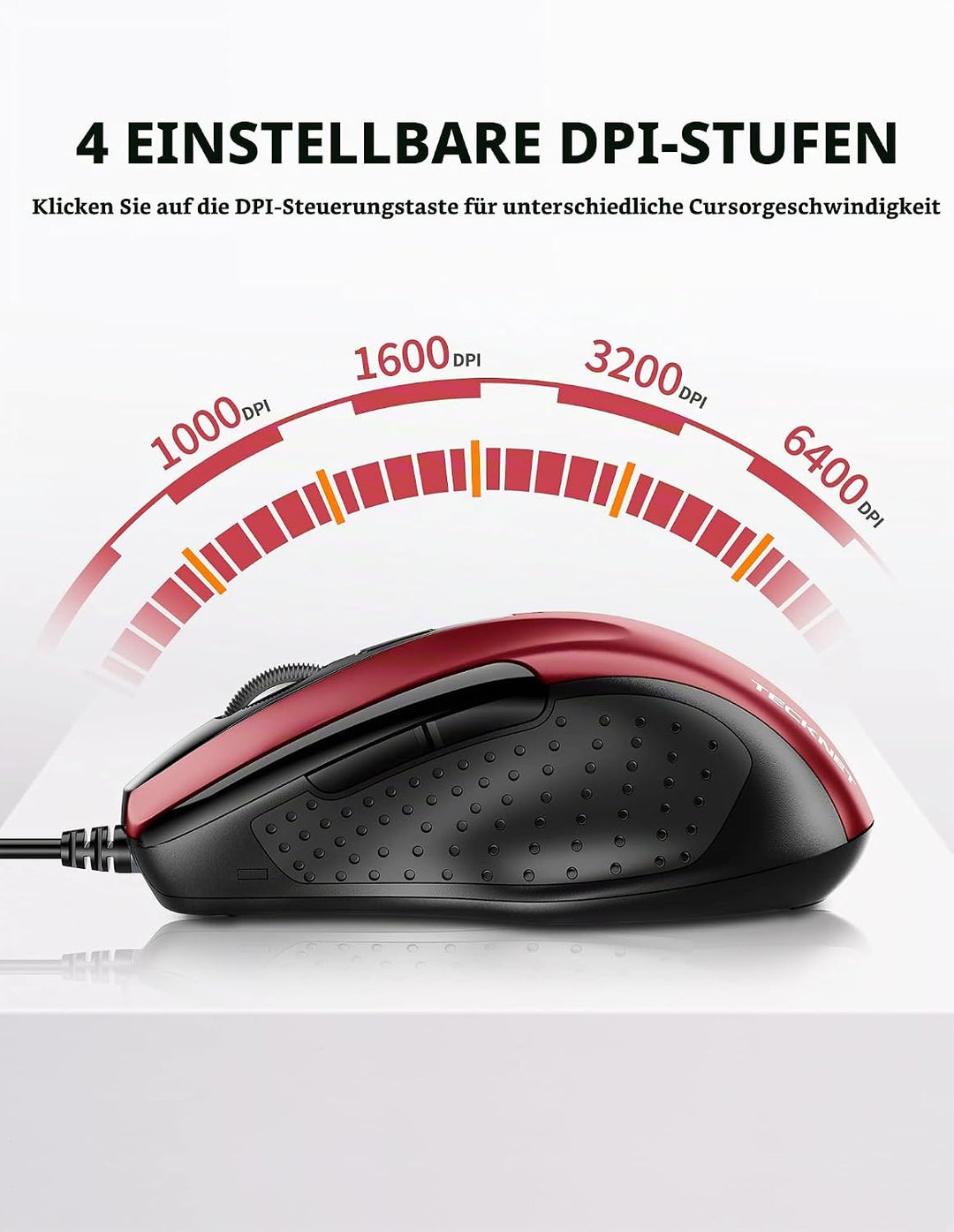 TECKNET Maus mit Kabel, Computermaus mit 6 Tasten, 6400 DPI, Ergonomisches Optical Business Kabelgeb
