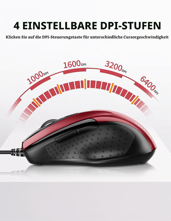 TECKNET Maus mit Kabel, Computermaus mit 6 Tasten, 6400 DPI, Ergonomisches Optical Business Kabelgeb