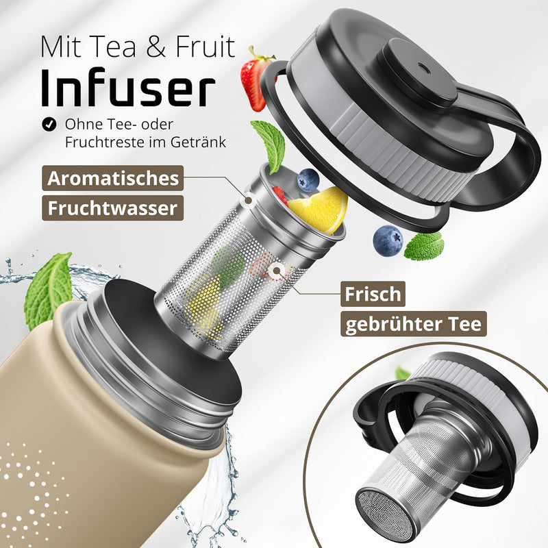 Trinkflasche Edelstahl ACTIVE FLASK + Strohhalm (3 Deckel) BPA-frei, Auslaufsicher, Kohlensäure geei
