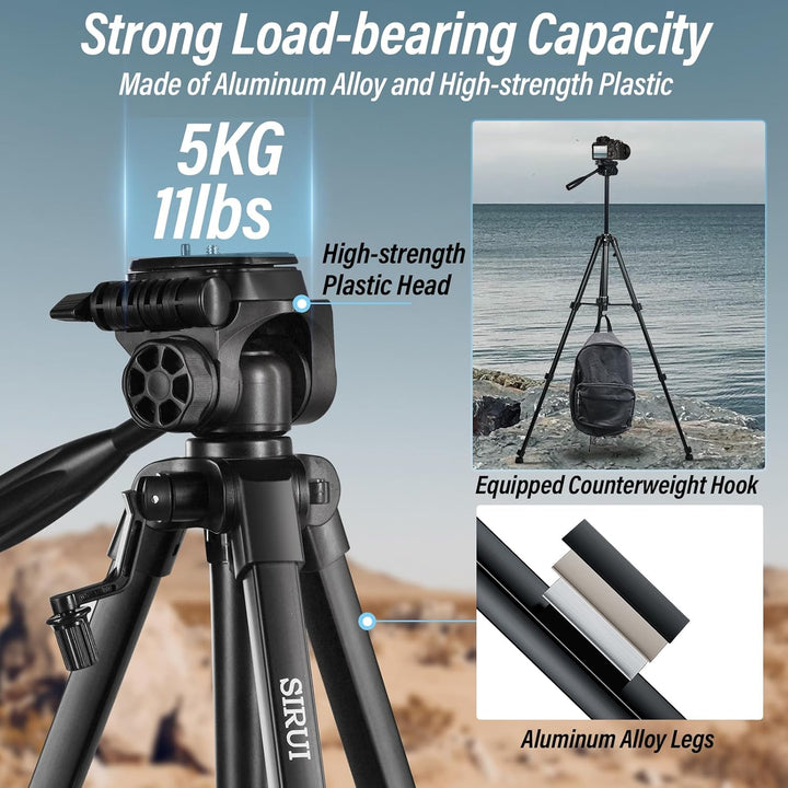 SIRUI Kamera Stativ 154cm, Aluminium Camera Tripod mit Telefonklemme Dreibein-Stative Fotostativ für