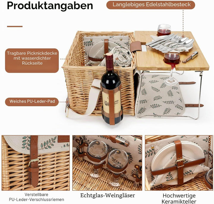 Picknickkorb mit Tisch, Picknickkorb Set für 2, Weidenkorb mit Weinhalter, Weidenkorb Picknick-Set m