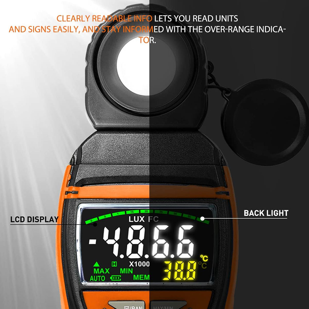 Digitales Luxmeter 0,1–400.000 Lux mit Farbdisplay & 270° drehbarem Sensor Photometer mit Temp, Date