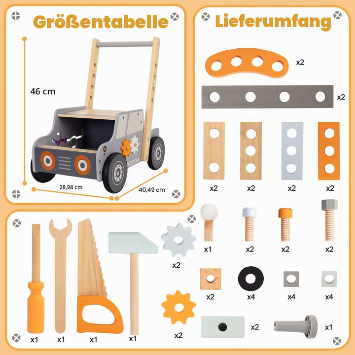 Labebe Lauflernwagen holz, Werkzeugbank für Kleinkinder, hölzerne Lauflernhilfe für Jungen und Mädch