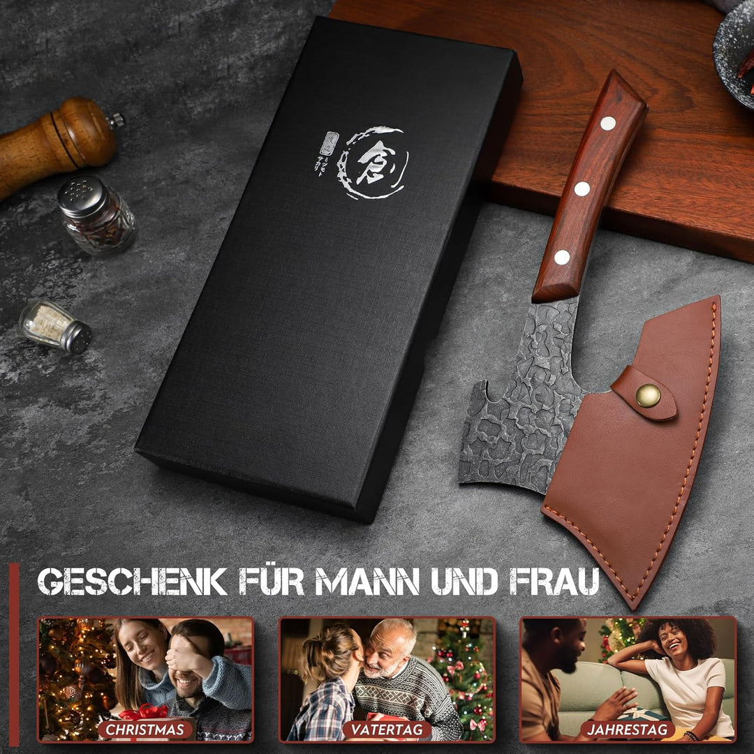 Purple Dragon Hackbeil Schwer für grosse Knochen und Fleisch, Full Tang Küchenbeil mit Lederscheide,