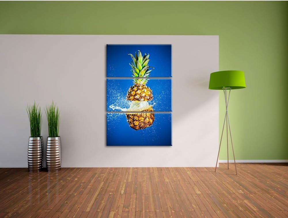 Pixxprint Ananas mit Wasser bespritzt als Leinwandbild | Grösse: 3 Teilig (120x80) | Wandbild| Kunst