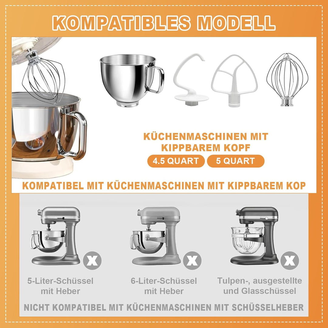 Küchenmaschinen Zubehör-Set 3 Stück Mixeraufsätze mit Schneebesen Knethaken und Flachrührer für Hobb