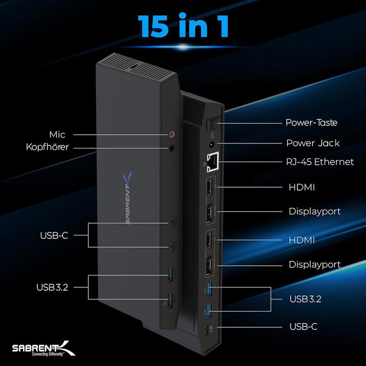 SABRENT USB C Dockingstation mit netzteil, 2 HDMI + 2 DP, 5K / 4K@60Hz, PD 60W, RJ45 Ethernet, USB P