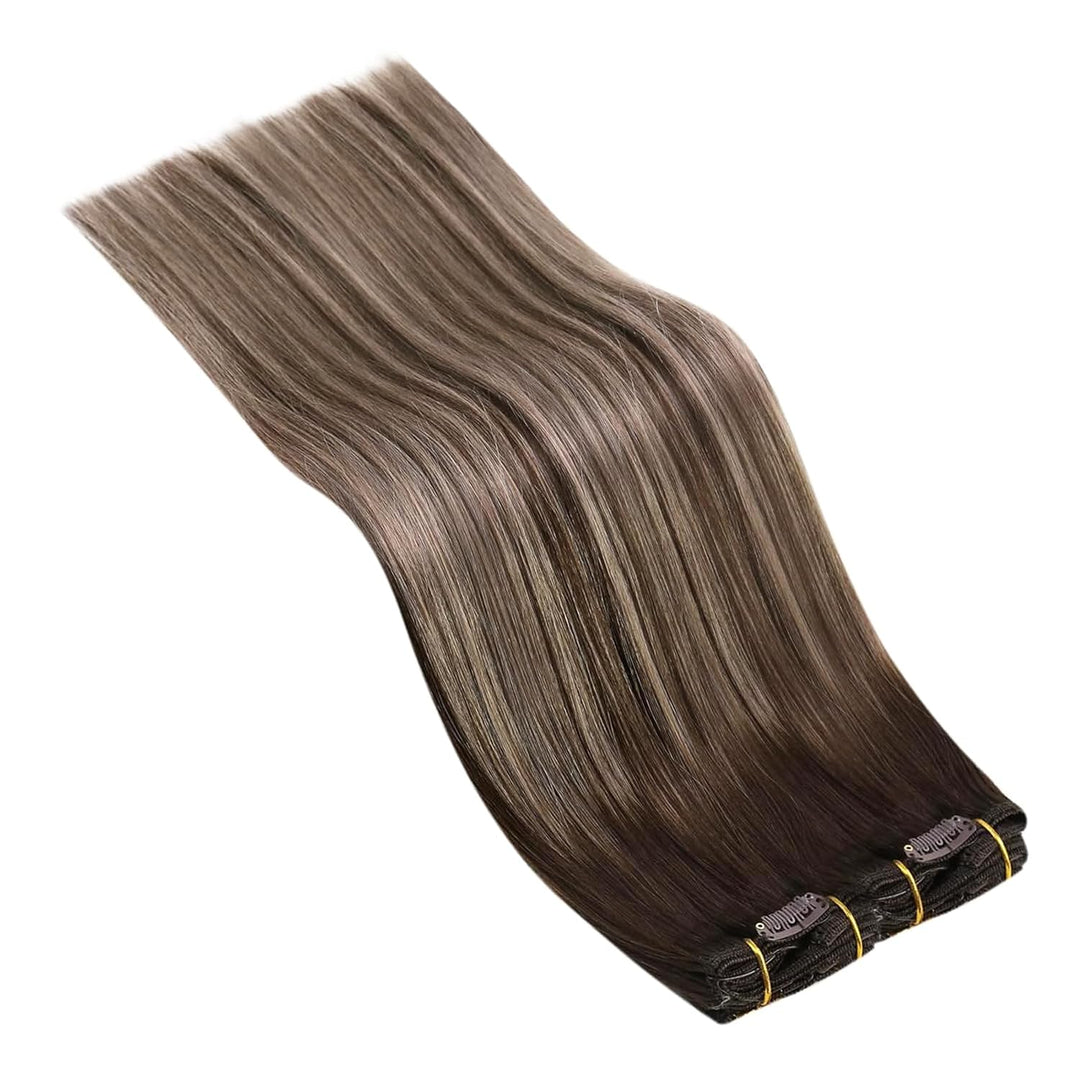 Ugeat Clip in Extensions Echthaar Aschblond 45 cm Balayage Dunkelbraun Glatt Echthaar Clip in Extens