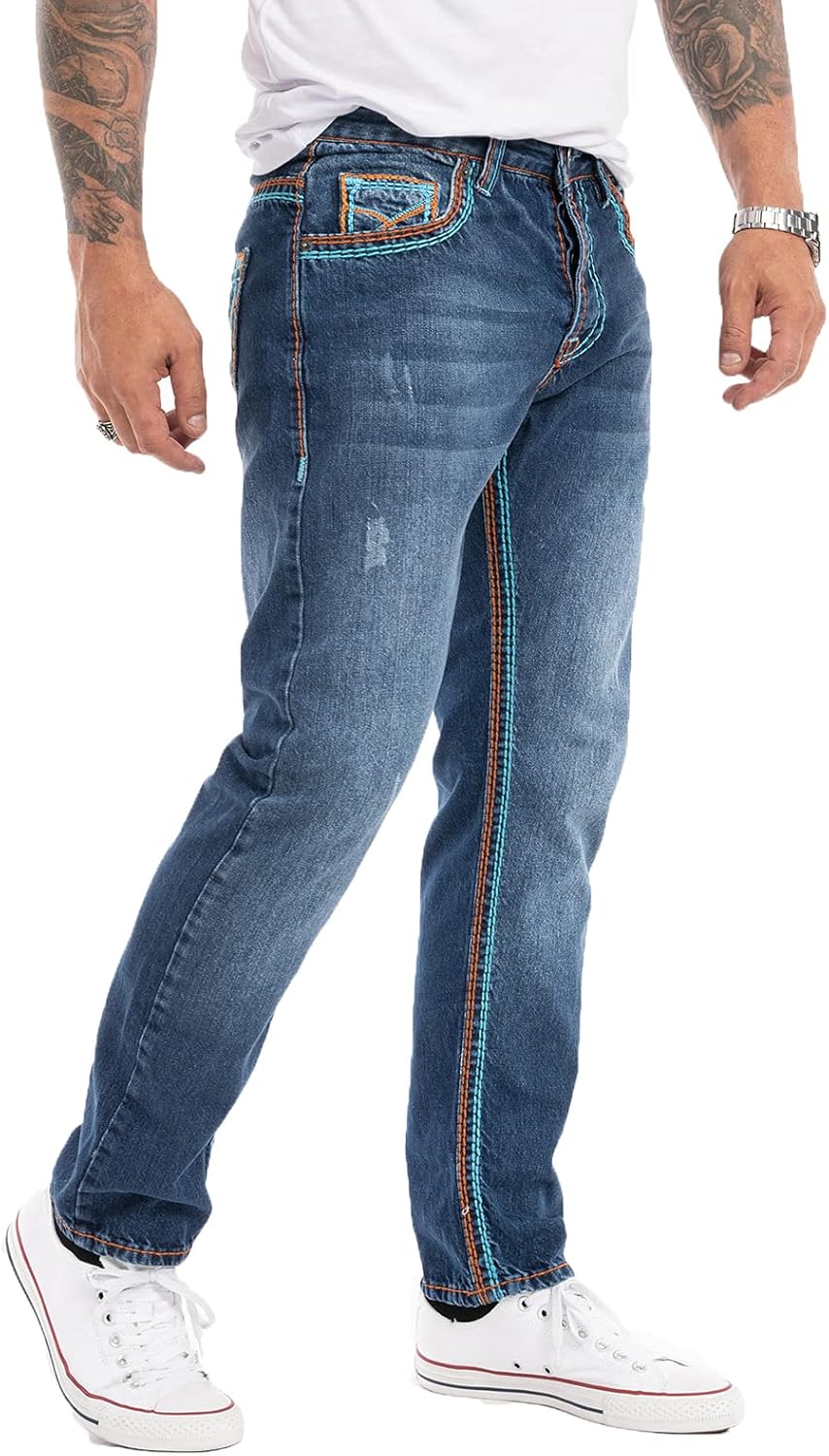 Rock Creek Herren Designer Jeans Hose Dicke Nähte Vintage Blau RC-2056 29W / 30L Dunkelblau - Rc-227