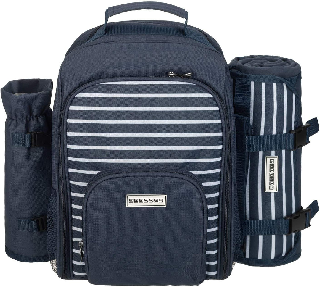 anndora Picknickrucksack 15 TLG. Zubehör + Picknickdecke blau-weiss gestreift Navy Blau Weiss Set