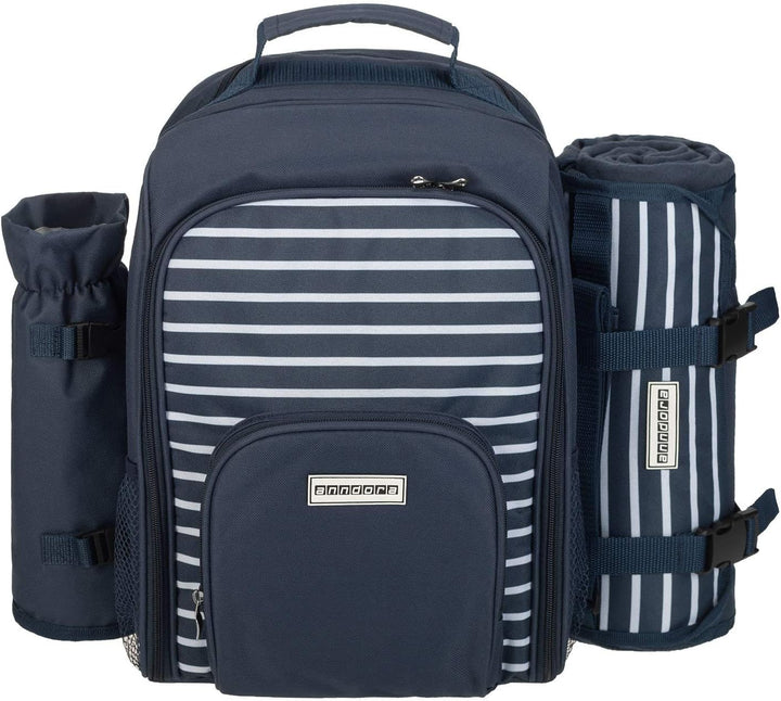 anndora Picknickrucksack 15 TLG. Zubehör + Picknickdecke blau-weiss gestreift Navy Blau Weiss Set