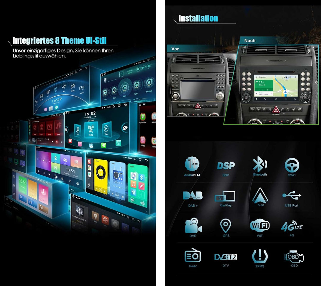 Erisin 7 Zoll 8-Kern 4GB+64GB Android 12 Autoradio Bluetooth mit GPS Navi Für Mercedes Benz SLK Klas