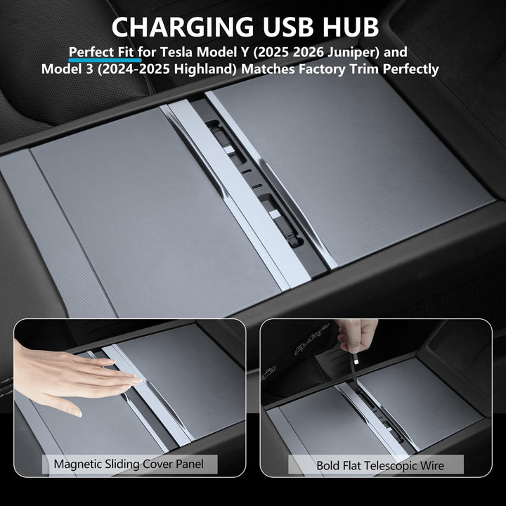 USB Hub für Tesla Model Y Juniper 2025-2026 und Model 3 Highland 2024-2025, 135W Zwei Ausziehbare Ty