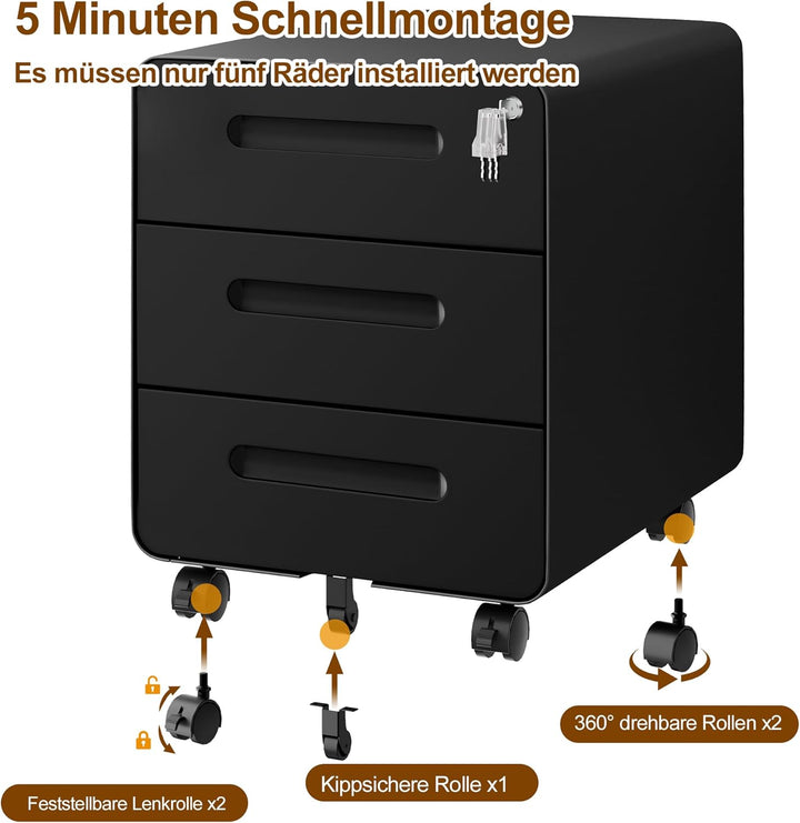 Rollcontainer, Mobiler Aktenschrank mit Schloss, Abgerundeten Ecken, 4 Schlüssel, 3 Schubladen, Druc