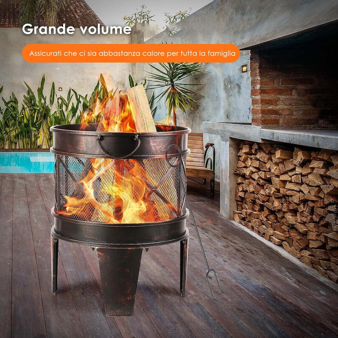 TLSUNNY Feuerschale 58 x 45 x 42 cm,Feuerkorb, Kamin mit Feuerschale Rund in Antik-Rost-Optik, Griff