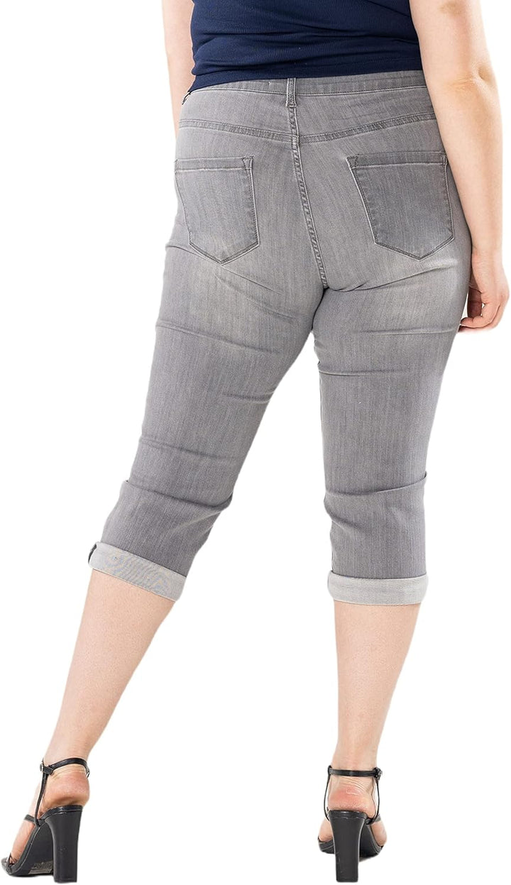 P200 Damen Capri Jeanshosen Grosse Grössen HIGH Waist Jeans Sommer Hose Used-Look, 42 Große Gr&