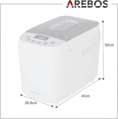 Arebos Brotbackautomat 1500g | mit 15 Programmen | 2 Knethaken | Timer | LCD Display | 3 Bräunungsgr