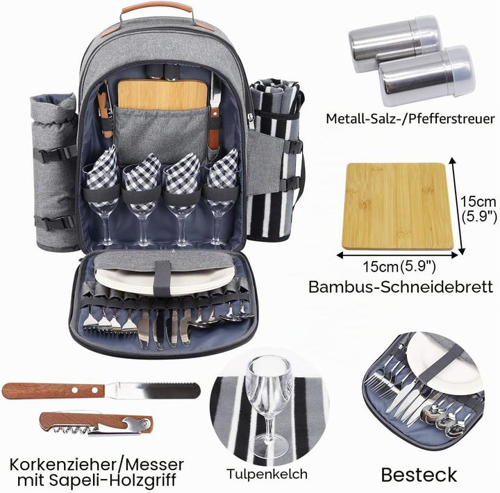 Sunflora Picknickrucksack 4 Personen Picknickset mit Isoliertem Kühlfach und Decke für Camping Outdo