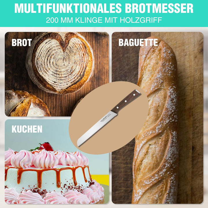 HAUSHOF Brotmesser mit Wellenschliff, Küchenmesser mit Holzgriff aus hochwertigem Edelstahl, Ultrasc
