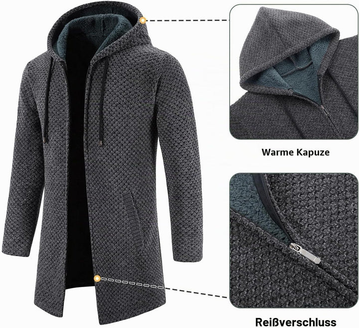 KUDORO Strickjacke Herren Cardigan Lang Trachtenjacke Kapuze mit Kapuze Gestrickt Pullover Hoodie Wi