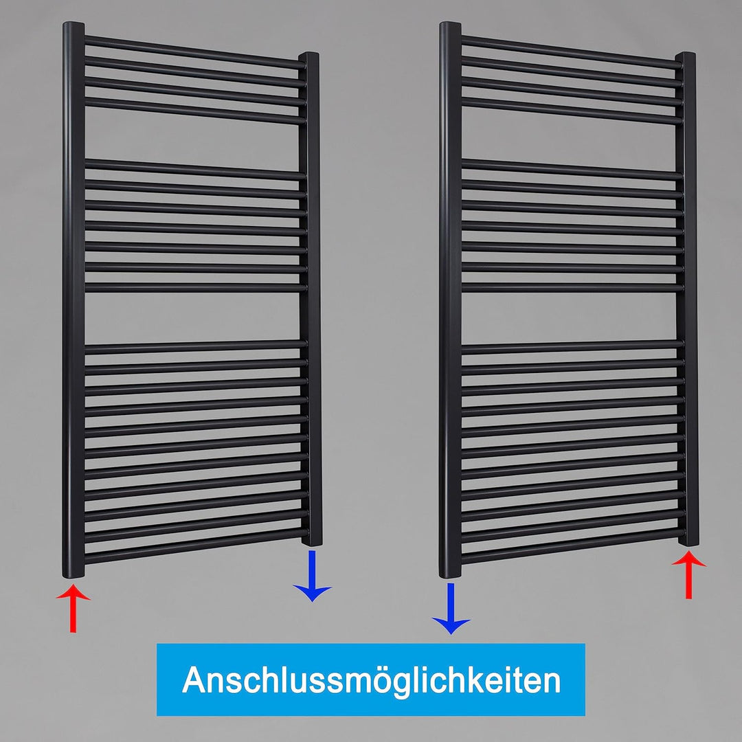 Heizkörper Badheizkörper Handtuchwärmer mit Seitenanschluss unten schwarz (1160 x 750 mm) (726 Watt