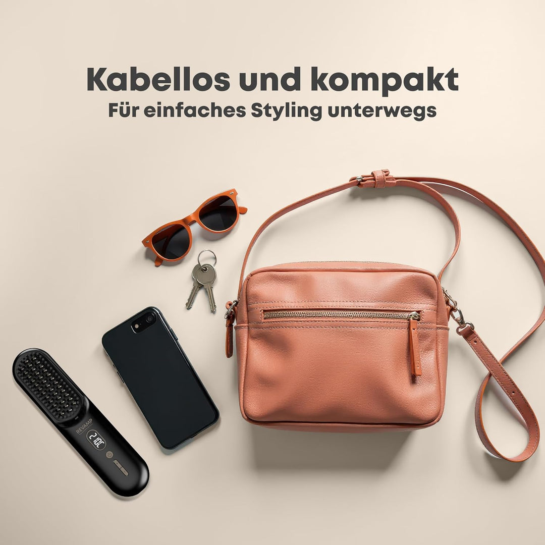 REVAMP Straight & Go Glättbürste kabellos – Mini Haarglätter Bürste mit Ionen & Keramik, USB-C Akku,