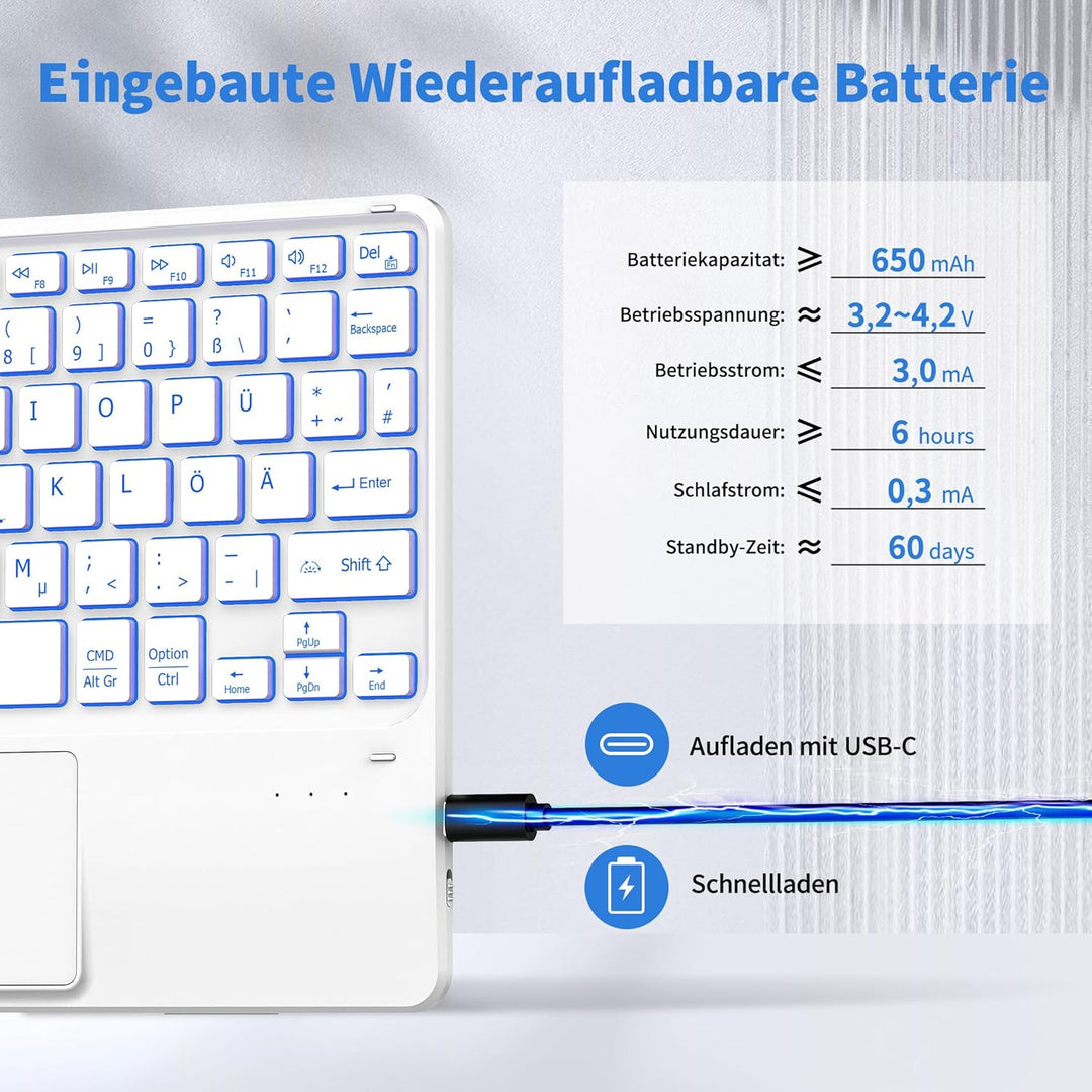 CACOE Tastatur mit Touchpad, Tastatur Kabellose mit 7 Farben Beleuchtete kompatibel mit iPad, Androi
