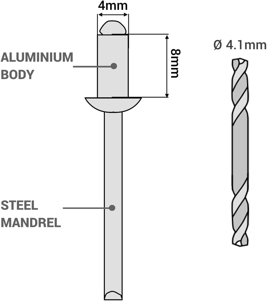 SKIR'CO (400 Stück) Blindnieten lackiert 4,0 x 8 mm, Aluminium Popnieten, Bohrer enthalten (Anthrazi