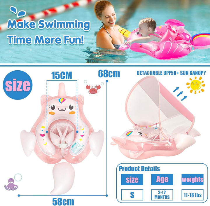 Baby Schwimmring mit UPF50+Sonnendach für ab 3-24 Monate,Aufblasbare Schwimmtrainer Schwimmhilfe Bab